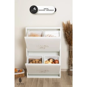 Resim Leyl 2 Katlı 4 Bölmeli Beyaz Baskılı Metal Sebzelik – 100 x 26 x 62 cm Çok Amaçlı Dolap 