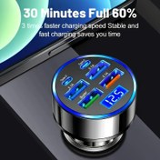 Resim 6'sı 1 Arada Hızlı Şarj Araba Şarj Cihazı | Çift PD USB Portu ve LED Ekran | QC3.0 Hızlı Şarj | Uyumluluk | Birden Fazla Cihaza Tam Şarj 30 Dakika İçinde | Şık Metalik Bitiş | Sigara Çakmak Fişi | 36V'ye Kadar Destekler 