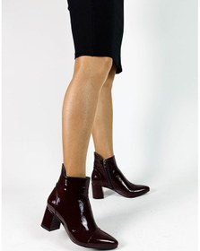 Resim Hakiki Deri Bordo Rugan Fermuarlı Kalın Topuk Kadın Bot Bordo 