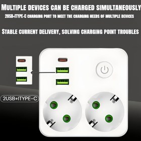 Resim USB Priz Uzatıcı ve Aşırı Gerilim Koruyuculu, 3 USB Portlu (1 USBC) 2 AC Çoklu Çıkışlı Soket, Ev ve Ofis İçin Duvar Prizleri, Kolej Kullanımı için Düz Fiş Splitter 