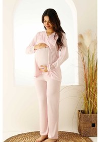 Resim Farya Home Premium Kutulu Emzirme Bölmeli Dantelli Hamile Lohusa Pijama Takımı Açık Pembe 
