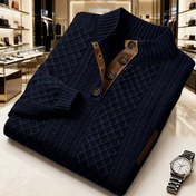 Resim Erkekler için Ağır Kışlık Örgü Kazak - Dik Yaka Düğmeli Ceket Benzeri Henrietta Montu, Koyu Gri/Kahverengi Kontrast Kenarlı, Makinede Yıkanabilir Uzun Kollu Kazak, Günlük ve Resmi Giyim için İdeal Hediye (İngiliz Tarzı) 