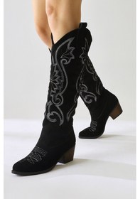 Resim Dani Siyah Süet Nakış Detaylı Sivri Burunlu Western Çizme 001 