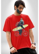 Resim Komik Köpek Sörf Tahtası Bisiklet Pamuklu Bisiklet Yaka Unisex Oversize Boyfriend Dijital Baskılı Kırmızı T-shirt Kırmızı 
