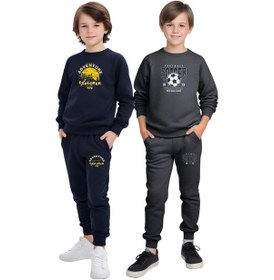 Resim Fyk Kids 2'li Erkek Çocuk Yuvarlak Yaka Baskı Detaylı Eşofman Takımı Lacivert - Füme 