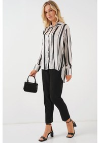 Resim Ge Ticaret Çizgili Uzun Saten Gömlek 20291 - Siyah Siyah 