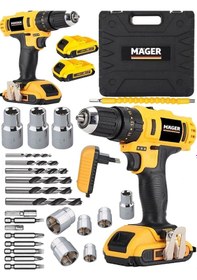 Resim Mager 58 V 6 Ah Akülü Vidalama Şarjlı Matkap 27 Parça Aksesuar Seti Sarı 