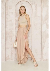 Resim Pasaklı Giyim Kadın Otantik Beli Lastikli Yırtmaçlı Salaş Şalvar Etek Bohem Pantolon 3635270 Bej 