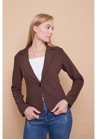 Resim Yakalı Flato Cepli Uzun Kol Pamuklu Kumaş Kısa Blazer Ofis Ceket -kahve Kahve 