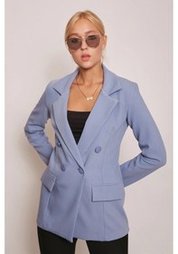 Resim Kadın Düğme Detaylı Uzun Kol Şık Ofis Süs Cep Kapaklı Kumaş Blazer Ceket-dirty Blue Dirty Blue 