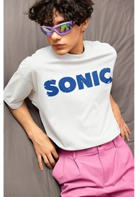 Resim Sonic Baskılı Unisex Oversize Çizgi Film Tişört Beyaz 