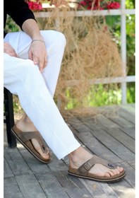 Resim Hakiki Crazy Deri Eva Taban Parmak Arası Ortopedik Tasarım Erkek Terlik Sandalet 