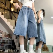 Resim Kadın Yüksek Belli Kot Kısa Pantolon, Casual Düz Bacak Düğmeli Jean Capri, Tek Renk, Hafif Esnek, İlkbahar/Yaz için Yıkanmış Detay ile 