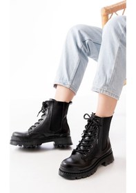 Resim 2051-298 Siyah Cilt Düz Topuklu Bağcıklı Lastikli Günlük Kadın Bot Acı Kahverengi 