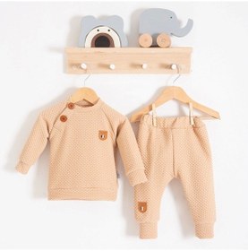 Resim 3-18 Ay Erkek Bebek Takımı Jakarlı Omuz Düğmeli 2'li Krem Krem 