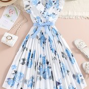 Resim Kızlar için V Yaka ve Kemerli Şık Yazlık Çiçekli Elbise - Günlük, Nefes Alabilen Polyester, Makinede Yıkanabilir 