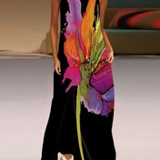 Resim Vibrant Floral Print V-Neck Maxi Elbise - Kolsuz, A-Line Siluet, Kadınlar için Rahat ve Zarif Stil, Bahar ve Yaz için Mükemmel, Zarif Kıyafet | Vneck Elbise | Polyester Kumaş 