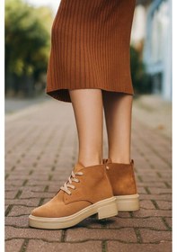 Resim Kalın Poli Taban Bağcıklı Bilekte Kadın Bot & Bootie Süet Taba 