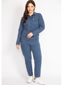 Resim Kadın İndigo Büyük Beden Ön Düğmeli Gabardin Tulum-yeşil Yeşil 