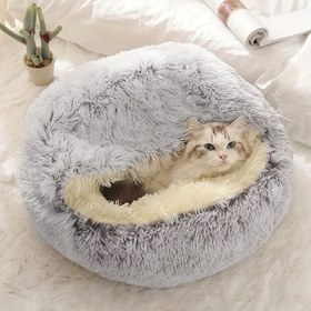 Resim Peluş Yuvarlak Rahat Kedi Evi ve Konut Yarı Kapalı Kedi Yatağı Kabuğu Kediler ve Küçük Köpekler için Tüm Mevsim Konforu Evcil Hayvan Malzemeleri 