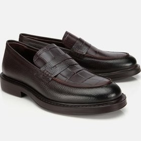 Resim HOTİÇ Erkek Deri Kahverengi Kroko Detaylı Klasik Loafer 