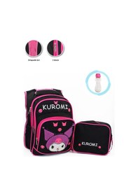Resim 3 Gözlü Tüylü Kuromi İlkokul Çantası + Beslenme + Suluk - Kuromi İlkokul Kız Çantası Mini Kafalı Siyah 