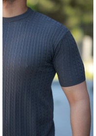 Resim Erkek Bisiklet Yaka Örgü Desenli Kısa Örme Triko Kısa Kollu T-shirt Füme 