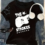 Resim Gitar ve Yıldız Baskılı Kadın Günlük Tişört - "The A Strokes" Tasarımı, Vintage İlhamlı, Tüm Mevsim Giyim, Tüm Mevsim Tişört | Retro Tarz Üst Giyim | Grafik Baskılı Tişört 