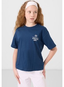 Resim Parlament Pamuklu O Yaka Oversize Fit Baskılı Kız Çocuk T-shirt - 75178 Lacivert 