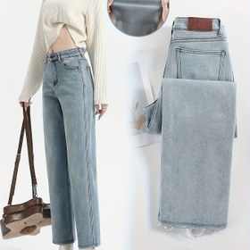 Resim Kadınların Yüksek Bel Düz Bacaklı Kot Pantolonları, Yıpranmış Etek ve Arka Cep Detayı ile - Esnek Denim, Düğme Kapatma, Rahat Sonbahar Stili, Yüksek Bel Kot Pantolonları 