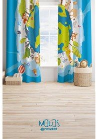 Resim Dünya Hayvanlar Desenli Fon Perde Çocuk Ve Bebek Odası Süet Baskılı Ekstrafor Büzgü 2 Kanat Prd-66 Çok Renkli 