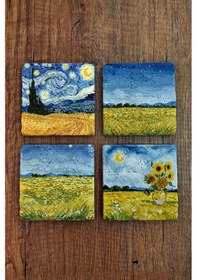 Resim Doğal Taş Bardak Altlığı - Van Gogh Aı Eserleri Baskılı 10x10cm Yapay Zeka Stone Coasters 484 Çok Renkli 