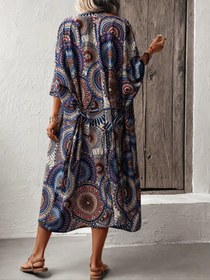Resim Kadın Kısa Kollu önü Açık Belden Kuşaklı Uzun Kimono - Yeşil / L-XL 