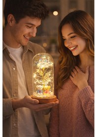 Resim LED Işıklı Güllü Cam Fanus Ayıcıklı Gece Lambası Anneler Günü Hediyesi - 