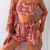 Resim 25SS Yaz Trendi, Bir Üç Parça Kadın Bikini, Baskılı Güneş Koruma Mayo, Hızlı Kuruyan Polyester Kumaştan Yapılmış, Uzun Kollu ve Çıkarılabilir Dolgulu, Plaj Stili Açık Mayo Tulumu, Omuz Boyu Şortlarla Tamamlanmıştır. 