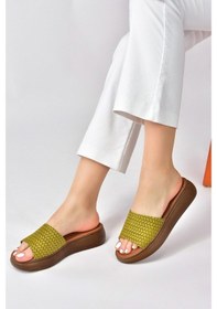 Resim Fox Shoes Yeşil Hakiki Deri Kadın Terlik 