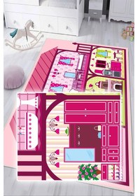 Resim Dijital Baskılı Dekoratif Kaymaz Taban Yıkanabilir Prenses Evi Temalı Modern Çocuk Halısı Pembe 