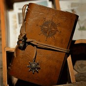 Resim Mat Kapak ile Vintage Deri Defter - Antik Korsan Temalı Navigasyon Pusulası Tasarımı Sert Kapaklı Yazma Günlüğü Metal Fermuar Kapatma ve Spiral Cıvata Bağlayıcı ile 