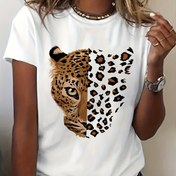 Resim Kadınlar İçin Vintage Leopar & Kaplan Desenli Tişört - Kısa Kollu, Yuvarlak Yaka Günlük Üst, Orta Esneklikte Nefes Alabilen Kumaş, Makinede Yıkanabilir Yazlık ve İlkbaharlık T-Shirt 