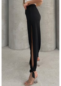 Resim Lesa Wear Yumuşacık Yüksel Bel Likralı Yırtmaç Detaylı Jarse Pantolon Flared Siyah 