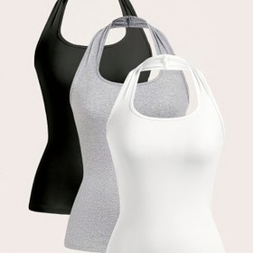 Resim 3 Parça Kadınlar için Günlük Basit Askılı Tank Top Seti, Yazlık Dar Kesim Crop Tops 