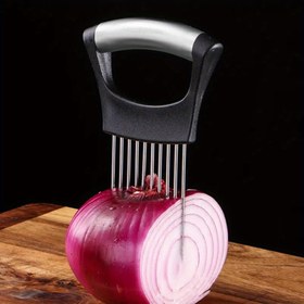 Resim Paslanmaz Çelik Soğan Dilimleyici Tutucu - 304 Pas Dirençli Manuel Sebze ve Et Kesici, Ergonomik Saplı, Soğanlar, Domatesler, Patatesler için Güvenli ve Kolay Dilimleme, Mutfak Yardımcısı | Ergonomik Mutfak Aleti | Pas Dirençli Dilimleyici 