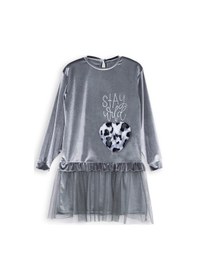 Resim Denokids Leopar Cepli Kız Çocuk Gri Kadife Elbise Renkli 