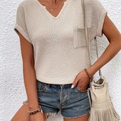 Resim Düz Renk Çentikli Boyun Waffle T-Shirt, İlkbahar ve Sonbahar İçin Rahat Batwing Kollu T-Shirt, Kadın Giyim 