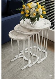 Resim Raisu 3'lü Metal Gümüş Beyaz Mermer Mdf Yuvarlak Zigon Sehpa Takımı Orta Sehpa Yan Sehpa Beyaz Mermer 