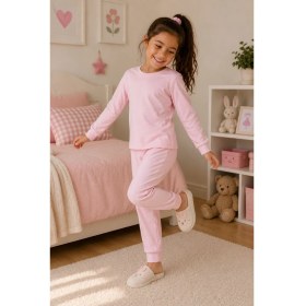 Resim Zuzunga Soft Pink %100 Pamuk Basic Kız Çocuk Pijama Takımı 