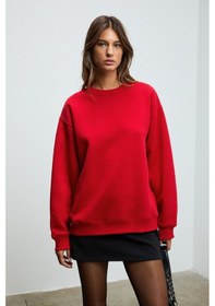 Resim Grimelange KARIUS Kadın Organik Pamuklu İçi Polarlı Oversize Yuvarlak Yakalı Kırmızı Sweatshirt 