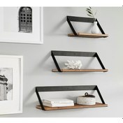 Resim Metal Ayaklı 3'lü Duvar Rafı - Demir Ayaklı Doğal Ahşap Duvar Kitaplığı 20x35x50 Cm Ahşap 