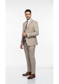 Resim Erkek Slim Fit Takım Elbise Yelekli Modern Kesim Likralı Esnek Kumaş Kırışmaz Şık Düğün Davet Takımı Bej 