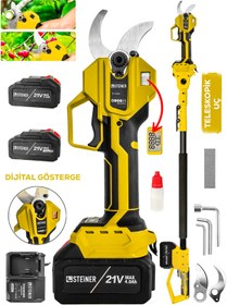 Resim STEİNER S-50 Mm Dijital Kömürsüz Akülü Bağ Dal Ağaç Kesme Biçme Budama Şarjlı Makası Makinesi + Teleskop 